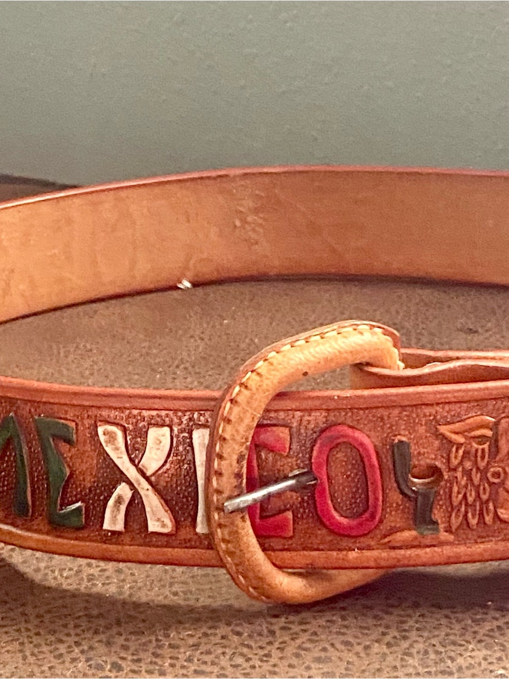 Hand Tooled Brown Leather Belt with Multicolor 'MEXICO', Cacti, Aztec Pyramids